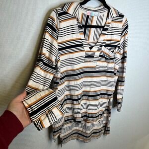 Free People Beach Womens XS Striped V-Neck Collared Tunic Top Black Yellow White